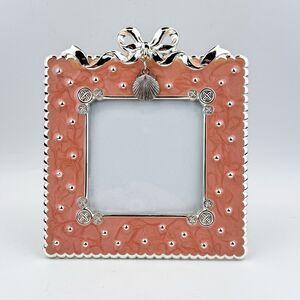 Vintage Pink Enamel Picture Frame with Silver Bow & Shell Charm Coastal Decor